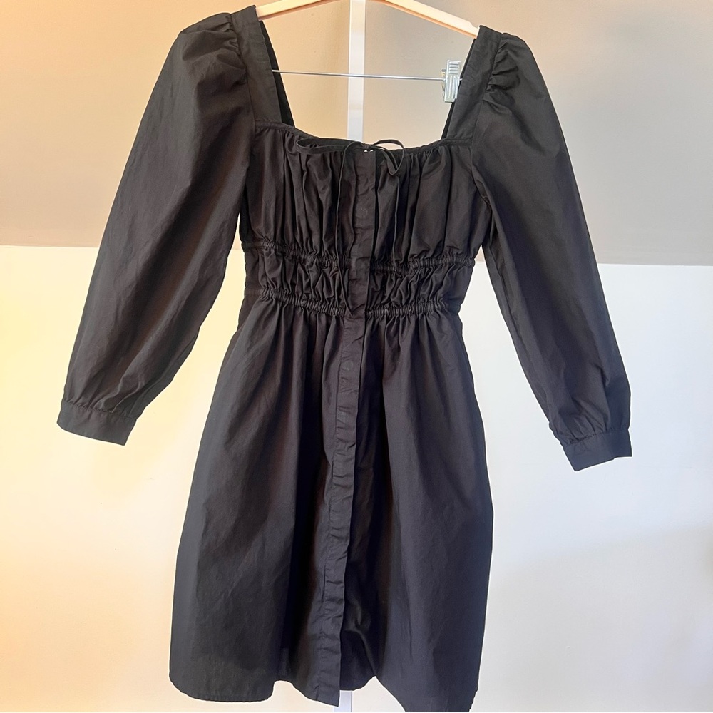 J. Crew Black Cinched Waist Cotton Poplin Mini Dress Sundress Pockets XS 0